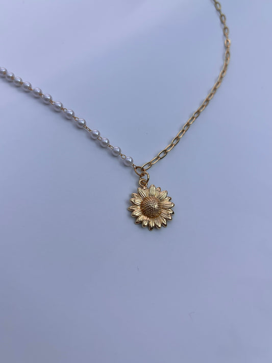 18k gold plated chain 50/50 pearl necklace with sunflower chain